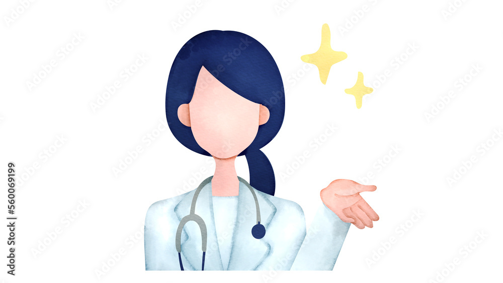 説明や案内をする女性医師。水彩風アイコンイラスト。 説明や案内をする女性医師。水彩風アイコンイラスト。