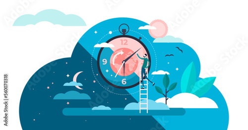 Daytime cycle tiny person flat illustration, transparent background. Natural planet movement around the sun. Daily morning till evening routine. Healthy human Circadian sleep rhythm system.