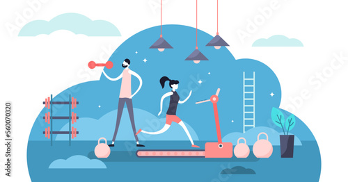 Daily life gym illustration, transparent background. Flat tiny sport exercise scene persons concept. Healthy everyday lifestyle with training activity and recreation schedule.