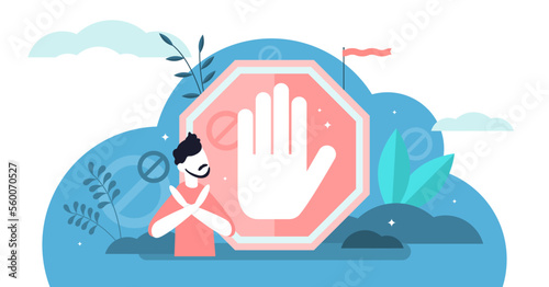 Stop sign illustration, transparent background. Flat tiny prohibition no gesture person concept. Symbolic warning, danger or safety caution information. Forbidden entry or restricted area ban.