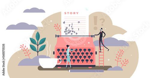 Story illustration, transparent background.Flat tiny literature text author persons concept.Abstract fantasy book writing.Narrative scene development with typewriter.