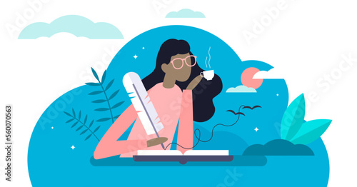 Writing diary illustration, transparent background.Private daily events reflection in flat tiny person concept.Open memo textbook with creative story fixation process.