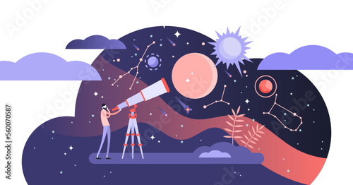 Astronomy illustration, transparent background. Flat tiny space research study person concept. Explore stars and galaxy knowledge with telescope. Horoscope zodiac education.