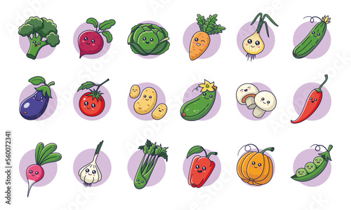 Cute kawaii vegetables set in cartoon style. Vegetables characters collection. Veggies icons, stickers, mascots.