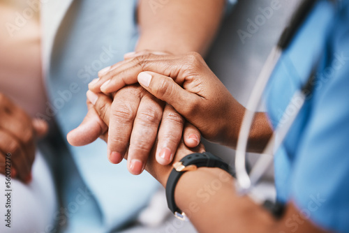 Print op canvas Empathy, trust and nurse holding hands with patient for help, consulting support and healthcare advice