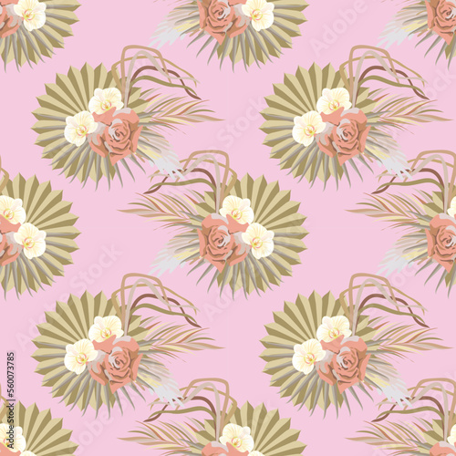 Wallpaper Mural Tropical bouquet seamless pattern with palm leaves, roses, orchids and tropical plants for fabric, stationery, wallpaper or print material. Torontodigital.ca