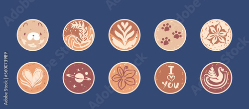 Set of Coffee Cups with Latte Art Patterns Top View. Swan, Cute Bear Face, Cat Paws, Flower, Heart and Space, I Love You