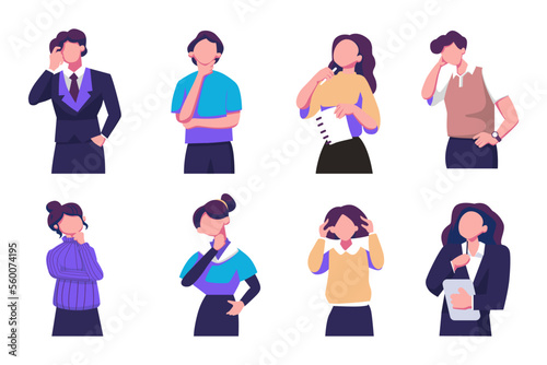 Confused men and women in doubts and thought flat style illustration dsign