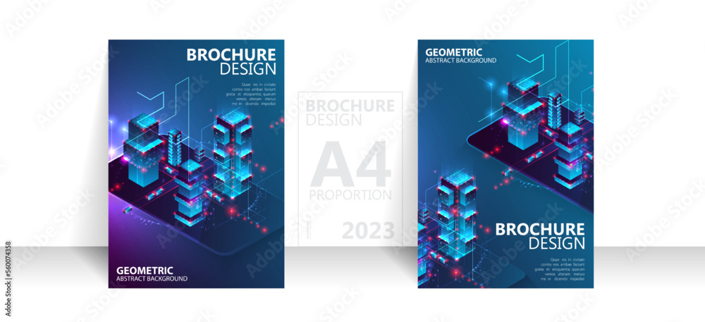 Brochure template flyer background for business design in A4 proportion. Isometric big data processing concept, cloud database.