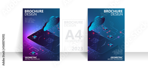 Brochure template flyer background for business design in A4 proportion. Isometric big data processing concept, cloud database.