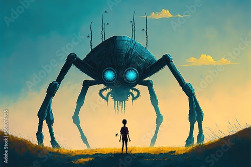 Giant spider robot attacks man