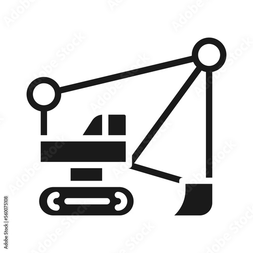 Dragline excavator black glyph icon. Large heavy equipment machine. Strip mining industry. Motor vehicle. Silhouette symbol on white space. Solid pictogram. Vector isolated illustration
