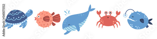 Vector marine set with sea animals. Whale, sea crab, turtle, globefish and angler fish. Sea life.