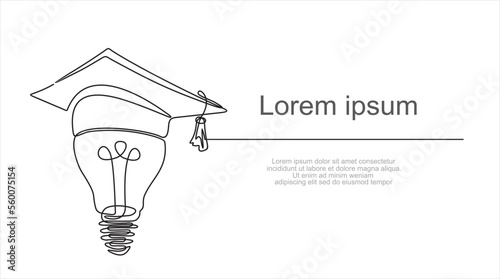 One single line drawing of bright lightbulb wearing graduation cap identity. Academy logotype icon template concept. Continuous line draw design graphic vector illustration