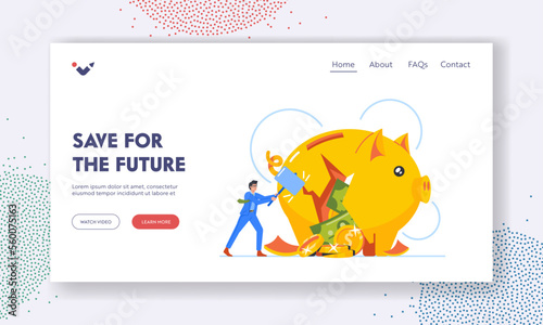Savings for Future Landing Page Template. Business Man Character Hitting Piggy Bank with Hammer. Financial Recession