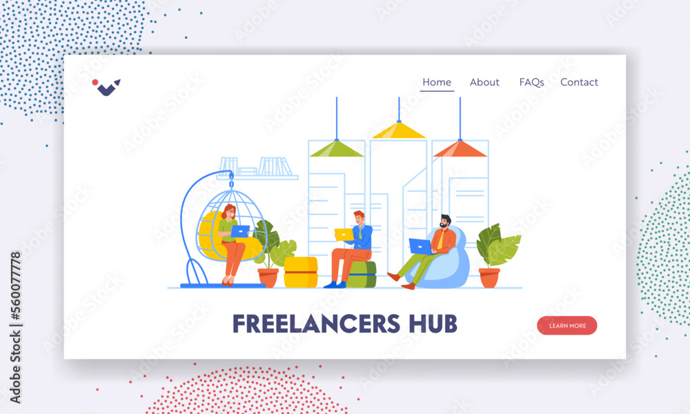 Freelancers Hub Landing Page Template. Creative Team Characters Develop Project Together in Coworking Area