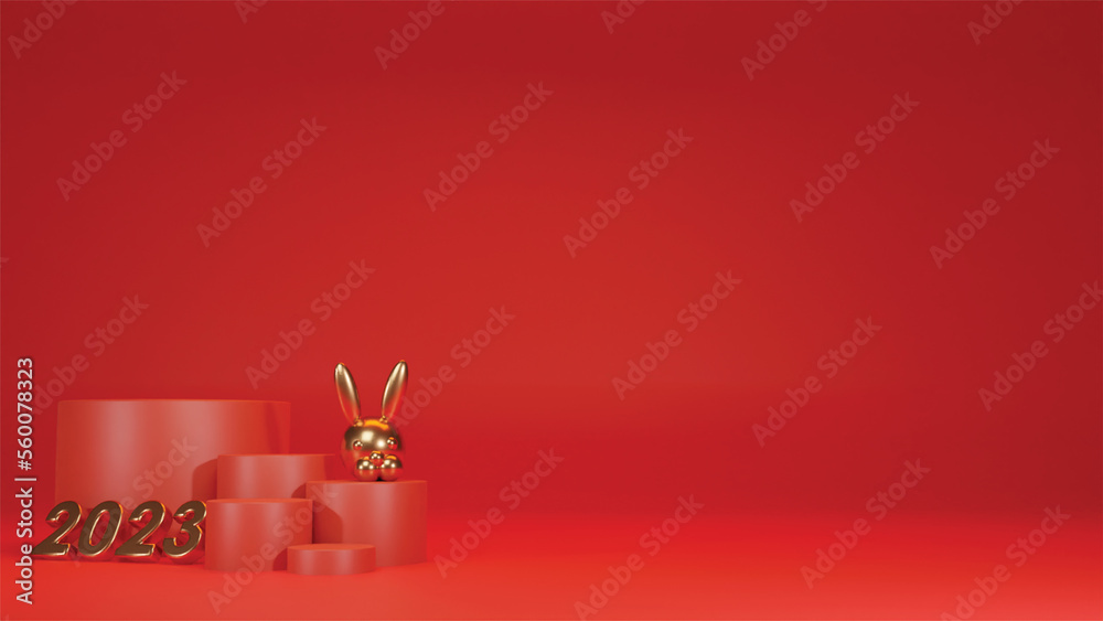 chinese new year 2023 concept. Simple showcase scene with empty podium stage for product presentation and rabbit. top view and copy space template, layout useful for best wishes and shopping concept. - obrazy, fototapety, plakaty 