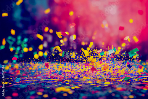 Valokuva Colorful confetti in front of colorful background with bokeh for carnival, Gener