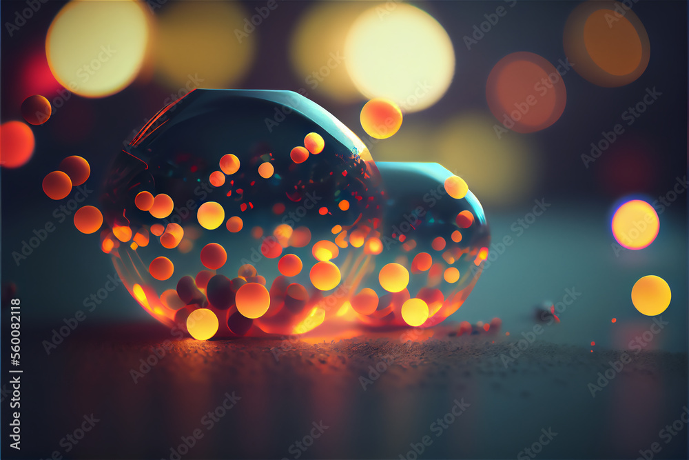 Close up on a glass filled with transparent bright yellow and red balls in suspension in the air with beautiful bokeh, generative ai - obrazy, fototapety, plakaty 