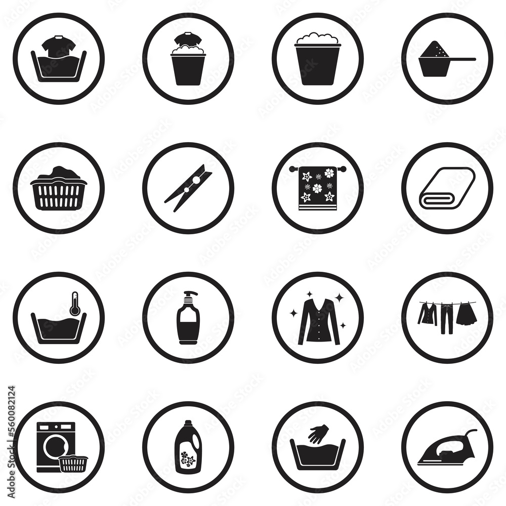 Laundry Icons. Black Flat Design In Circle. Vector Illustration.