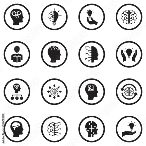 Mind Icons. Black Flat Design In Circle. Vector Illustration.