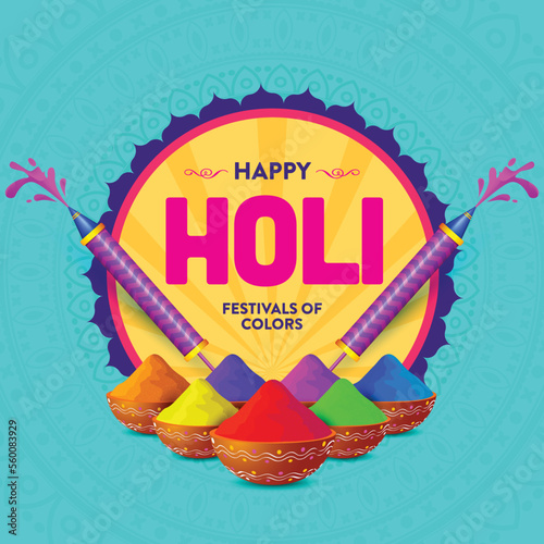 Vector illustration of colourful Happy Holi. colours in different bowl and pichkari photo