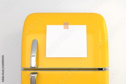 blank memo note sticker on yellow refrigerator close up. blank paper reminder on retro fridge door close up mockup on red wall. 3d render