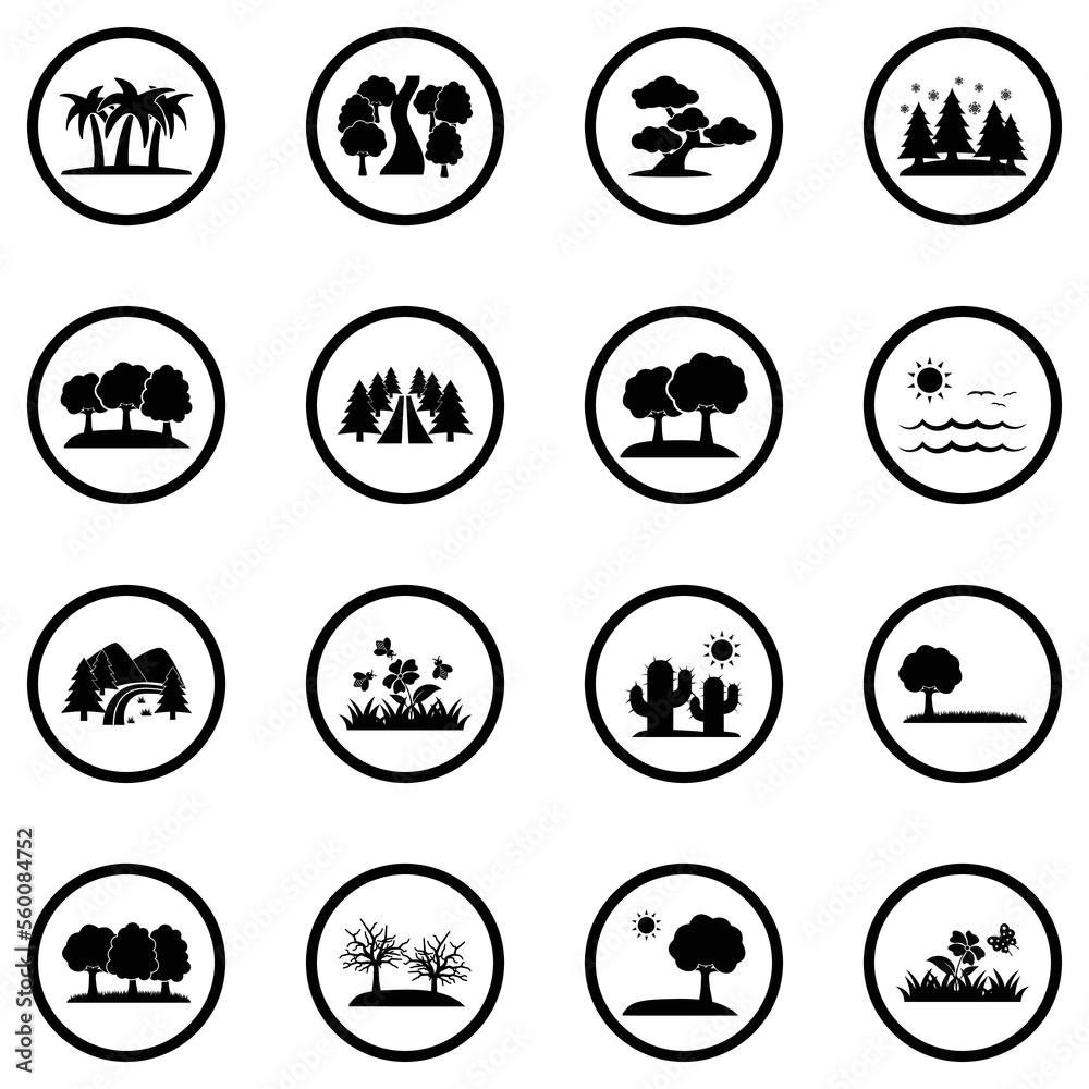 Nature Landscape Icons. Black Flat Design In Circle. Vector Illustration. Nature Landscape Icons. Black Flat Design In Circle. Vector Illustration.