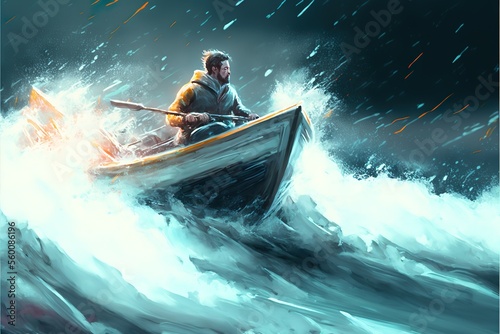 A man rowing a boat in a storm