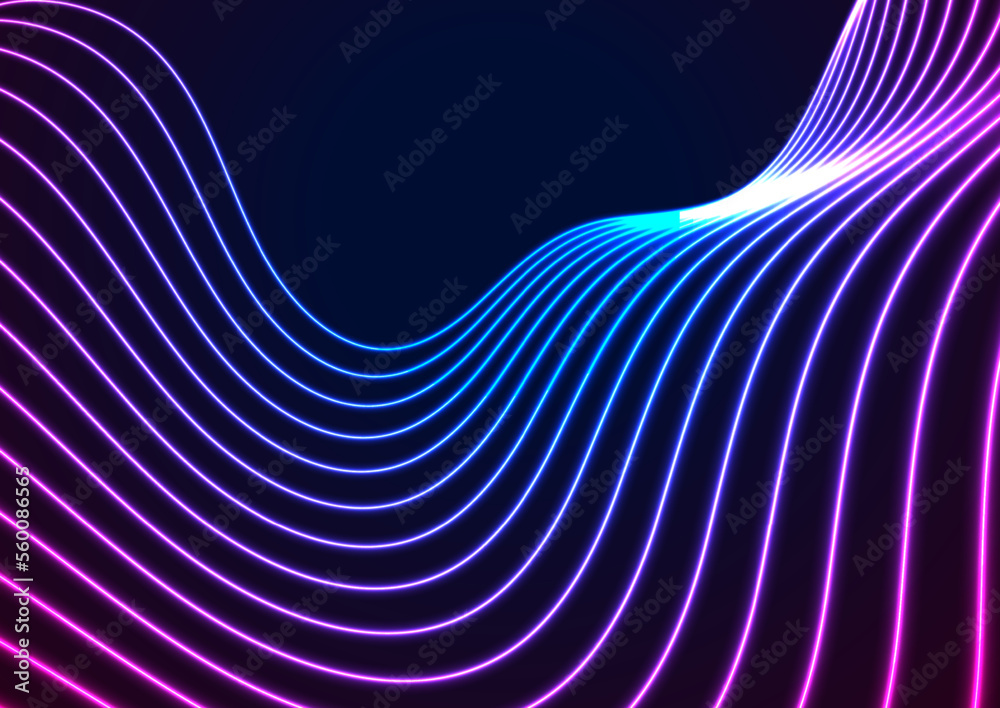 Blue ultraviolet neon wavy lines abstract shiny retro background. Futuristic glowing vector design - obrazy, fototapety, plakaty 