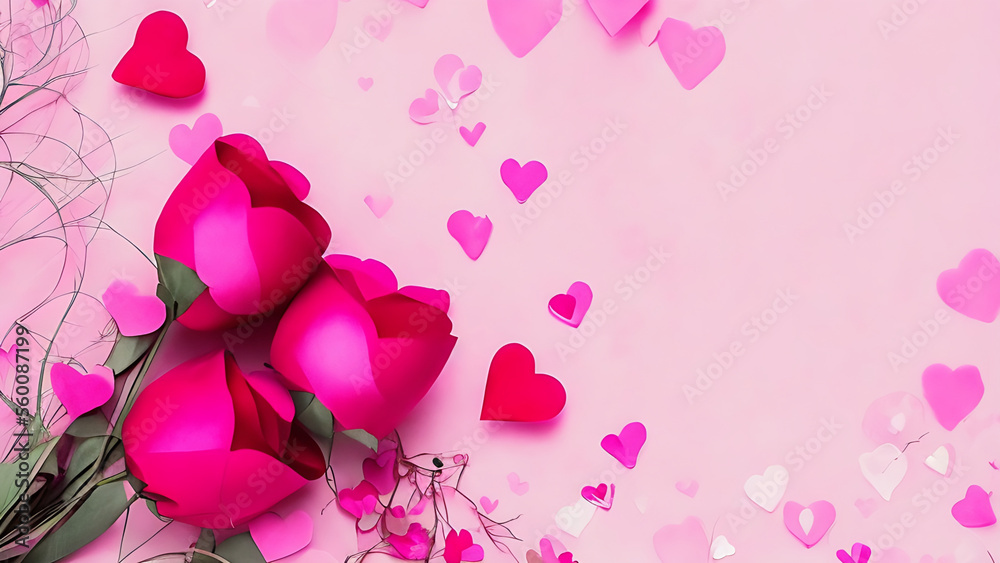 pink rose on with pink hearts background,Valentine's day greeting card. Lovely Happy Valentine's day minimal concept. Generative AI