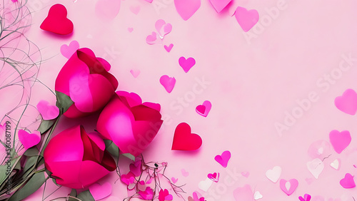 Obraz na płótnie pink rose on with pink hearts background,Valentine's day greeting card. Lovely Happy Valentine's day minimal concept. Generative AI w salonie