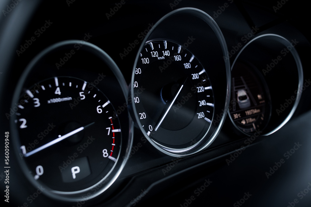The speedometer has white lights and a black background that can be clearly seen.
Numbers indicate the speed of the car.