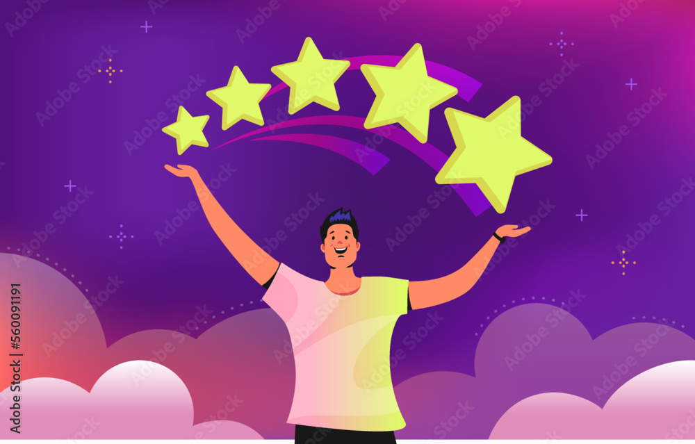 Rating of 5 stars consumer review. Flat vector illustration of smiling man standing alone and pointing to five stars over his head as a positive result. User positive rating or feedback