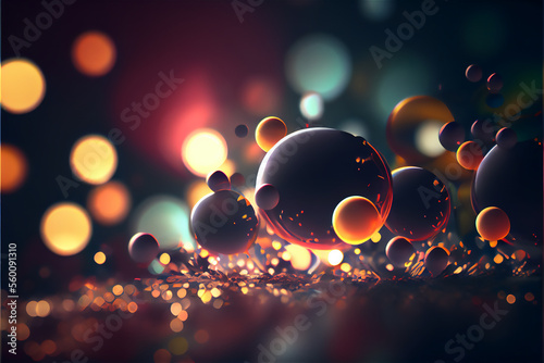 illuminated colorful particles in suspension in the air with lights reflexion and beautiful bokeh, generative ai