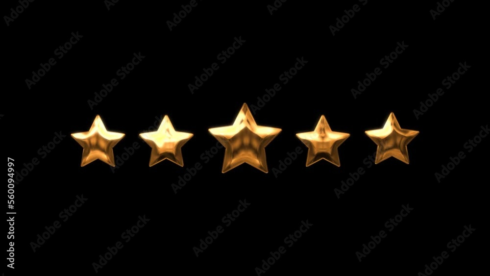 Five golden stars rating Animation on transparent background. 4k video alpha channel.
