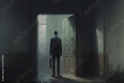 A man stands in front of a creepy door  crepe horror illustration