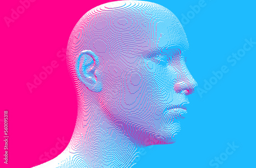 Abstract digital human head constructing from cubes. Minimalistic design for business presentations, flyers or posters. Technology and robotics concept. Voxel art. 3D vector illustration.