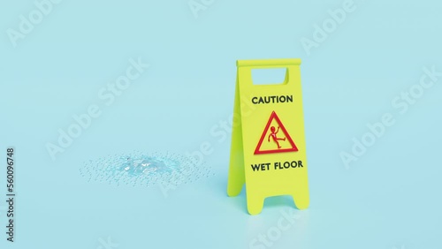 caution slippery or wet floor caution plastic sign with wet area isolated on blue background. warning symbol, leaky roof, 3d animation, alpha photo