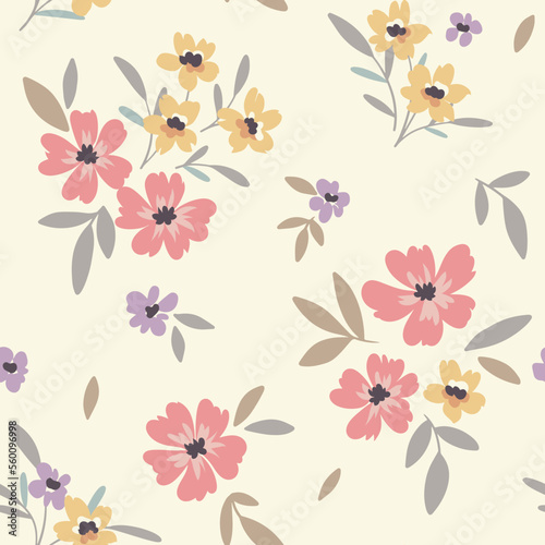 Seamless floral pattern, cute ditsy print with rustic motif. Delicate flower surface design with small hand drawn plants: flowers, leaves, twigs on a light background. Vector illustration.