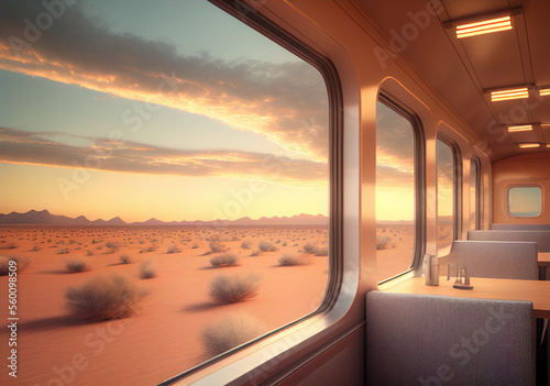 View from modern train window on sandy desert at sunset in summer. Generative AI. Landscape with seats and tables in train wagon, beautiful view on sand, bushes, blue sky with clouds. Art © Images from Dreams