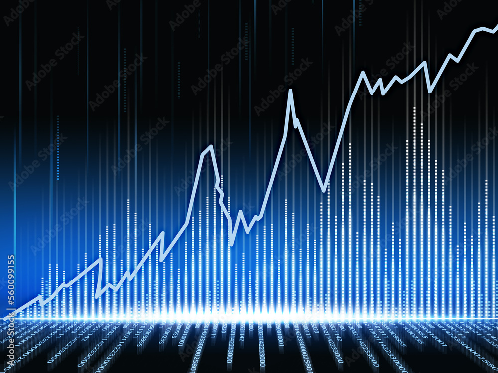 Fototapeta premium Movement of asset price. Market of cryptocurrency / stocks / commodity. Charts and graphs on dark blue background
