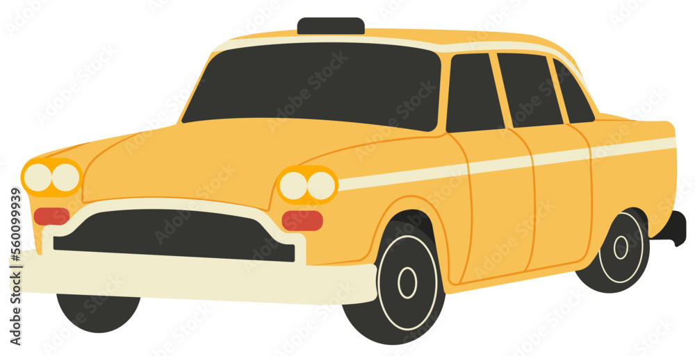 Retro yellow 60s american taxi cab in flat style. Illustration of a yellow taxi cab isolated on a white background