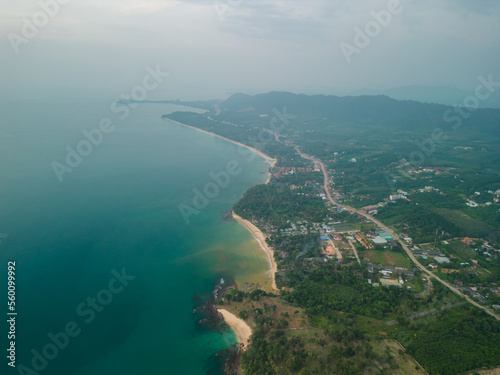 Fototapeta Naklejka Na Ścianę i Meble -  Aerial drone view of white sand tropical beach and Andaman sea from above, Koh Lanta island, Thailand