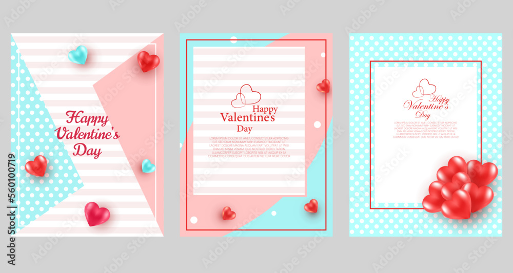 Set of three greeting card and cover vector design for celebration of the day of Love. Happy Valentine's Day.