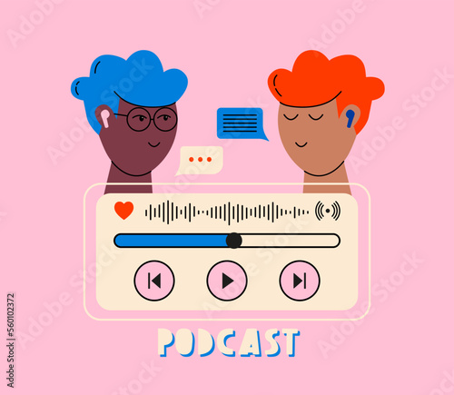 Headphones, music icons, two men  listening to podcast. Podcast recording and listening, broadcasting, online radio, audio streaming service concept. Hand drawn vector isolated illustrations.