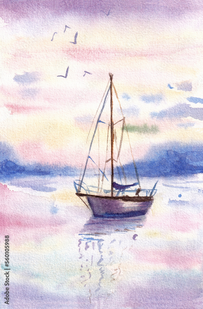 Watercolor illustration of a sailboat on sea in sunset