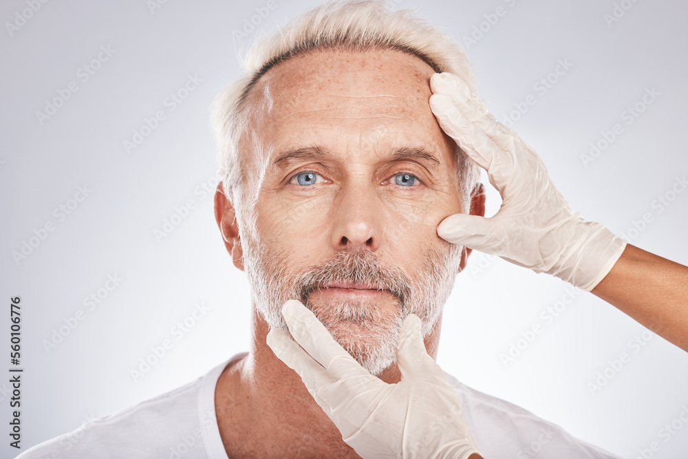 Man face, hands or cosmetic surgery gloves on studio background for skincare collagen, medical dermatology or anti aging grooming. Portrait, plastic surgeon or mature patient check for facial change - obrazy, fototapety, plakaty 
