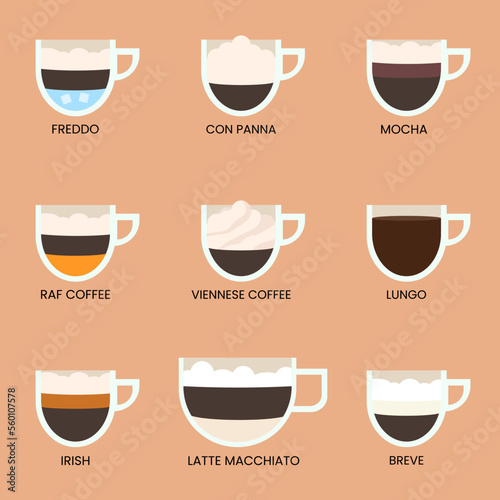 Delicious coffee icons set isolated. Freddo, con panna, mocha, raf coffee, viennese coffee, lungo, irish, latte macchiato, breve. Drink vector illustration design