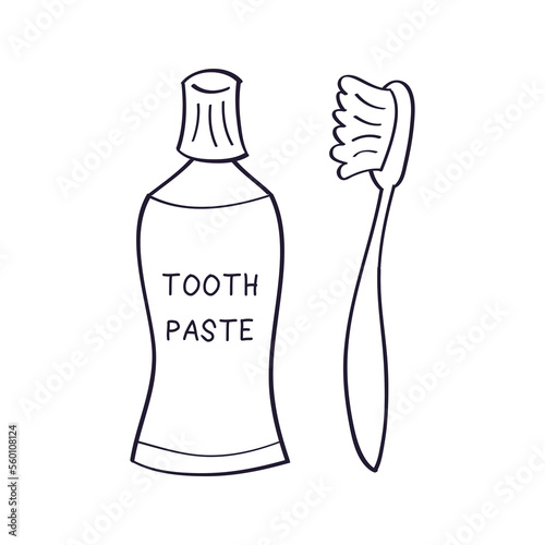 Toothbrush and toothpaste tube line icon cartoon doodle sketch vector